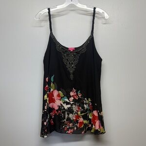 Together Black Sleeveless Top Braided Straps Floral Hem
